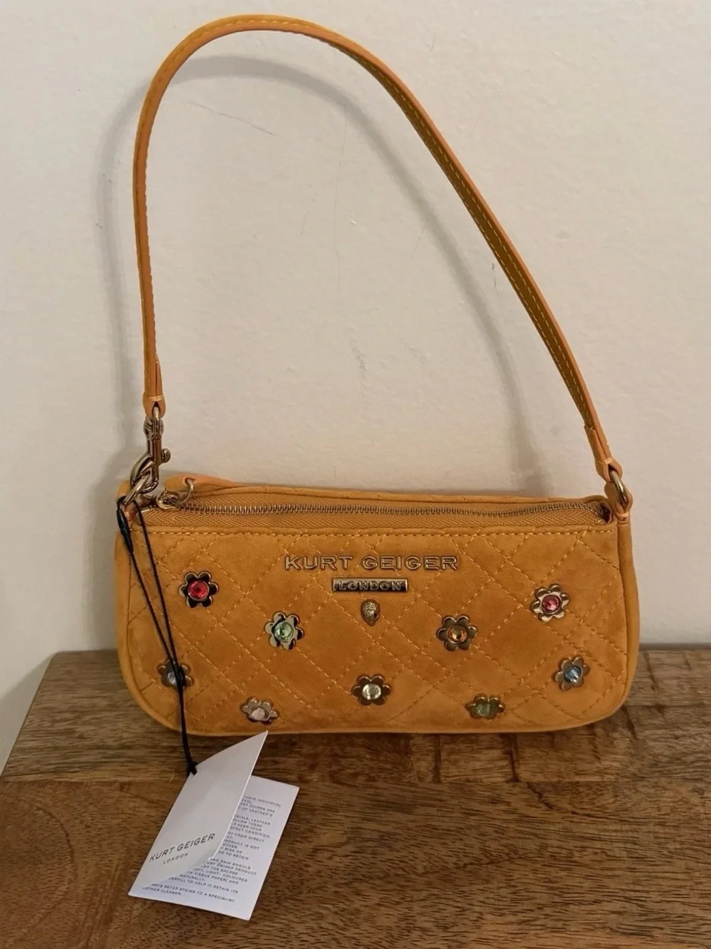 Kurt Geiger Yellow Quilted Suede Shoulder Bag with Floral Studs
